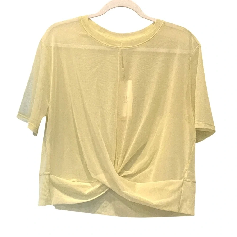 New CALIA Mesh Front Twist Top Medium Yellow Cropped Tee Sheer Activewear Layer - Picture 3 of 9